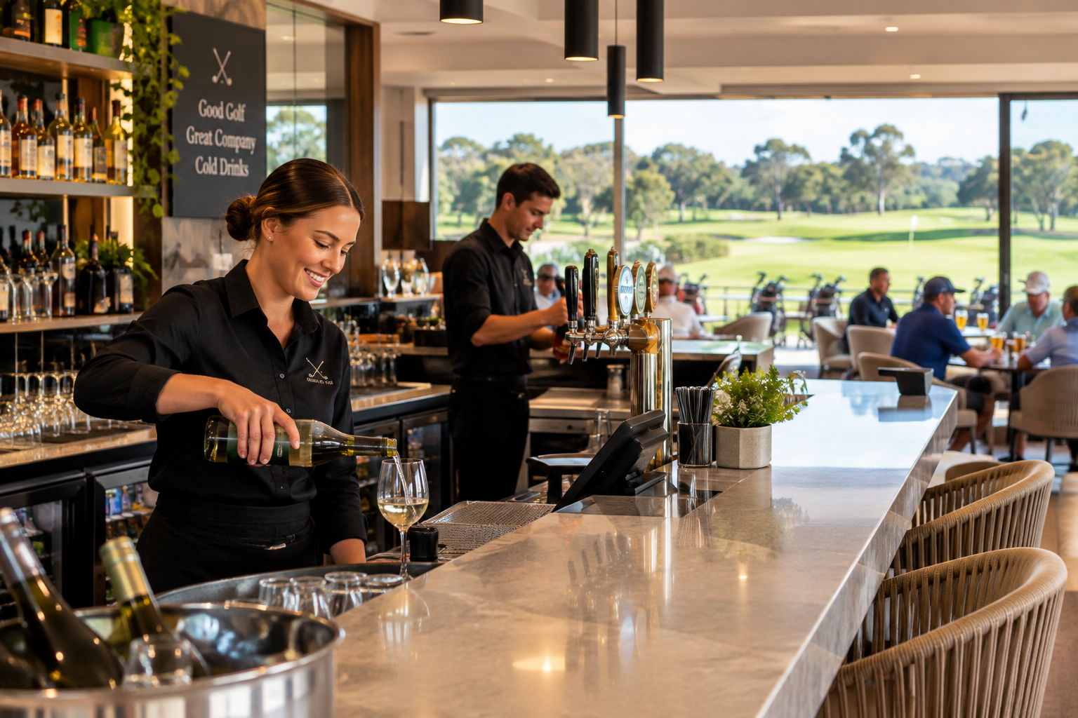 Staff serving guests at a golf clubhouse bar overlooking the course